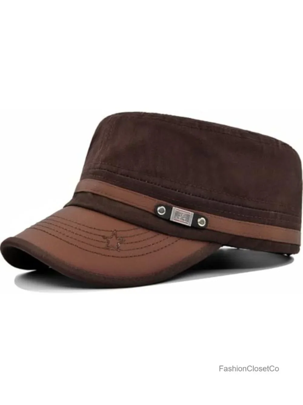 Twill Military Corps Hat Flat Top Cap with PU Leather Brim